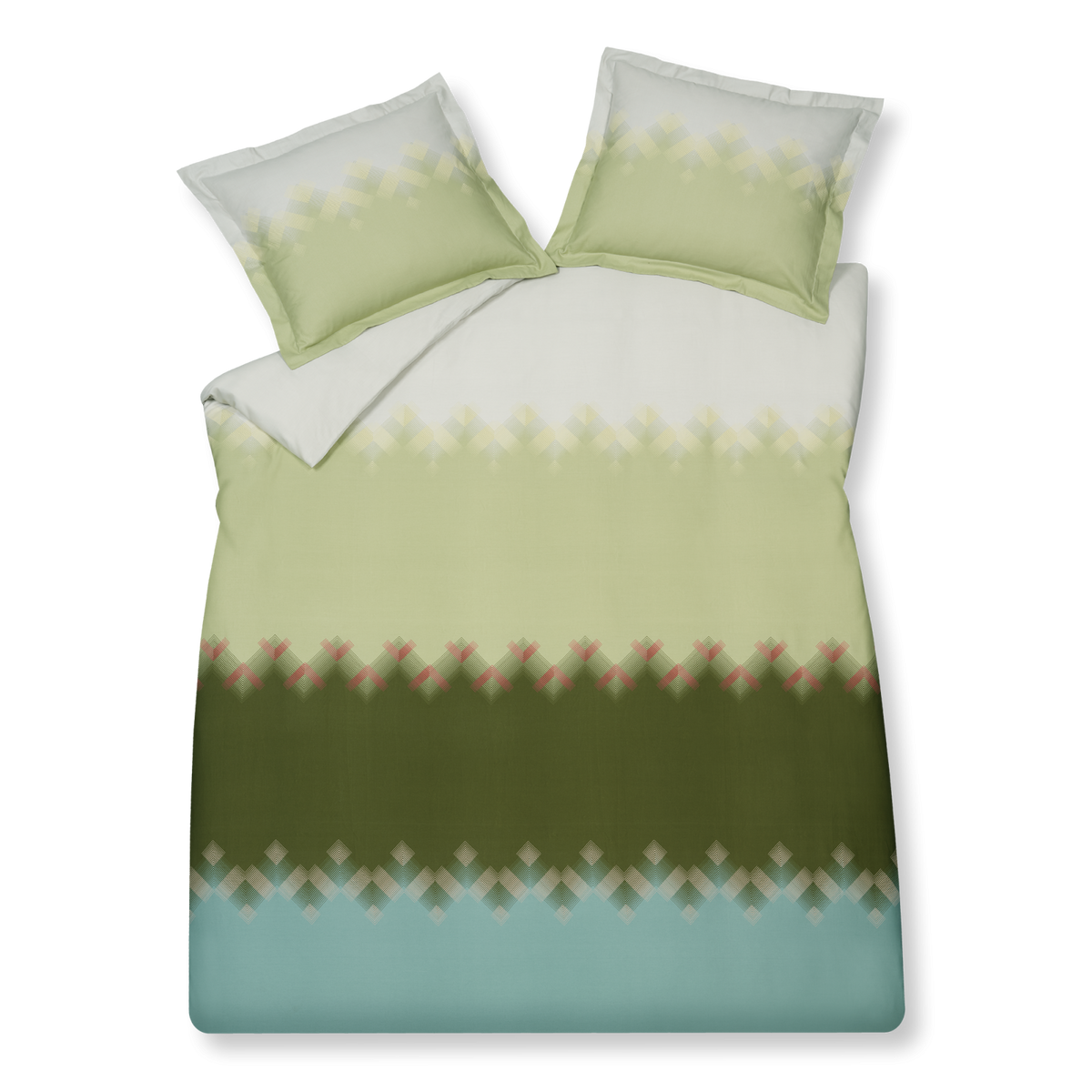 Happy Sleep smoke green dekbedovertrek heeft stroken die verlopen van lichtblauw naar donkergroen, lichtgroen en wit. Op de overgang van de een naar de andere kleur onstaat een zigzagpatroon door fijne lijnen in verschillende richtingen en kleuraccenten